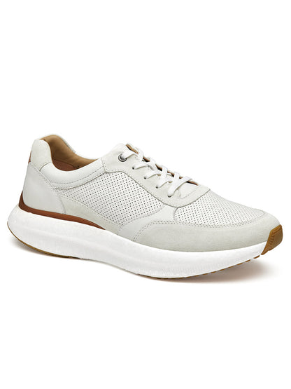 Introducing the J & M Collection Briley Perfed Jogger in Ivory Full Grain: an athletic shoe with perforated details, a lace-up front, a cushioned white sole featuring a POWERFOAM midsole, and tan accents on the heel.