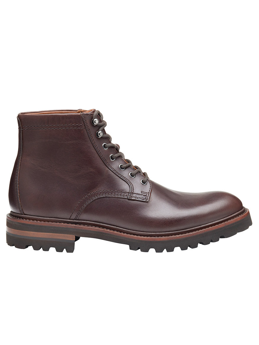 The J & M Collection Dudley Lug Plain Toe Boot in Dark Brown Full Grain, featuring a rugged rubber EXTRALIGHT outsole, is displayed in a side profile.