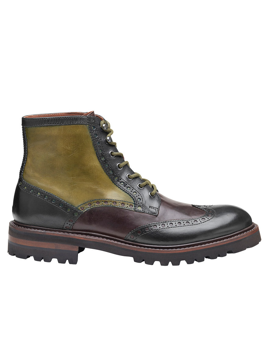 The J & M Collection Dudley Lug Wingtip Boot in Black Multi Calfskin from Johnston & Murphy features a green and brown upper with brogue detailing, laces, and a rugged black EVA outsole.