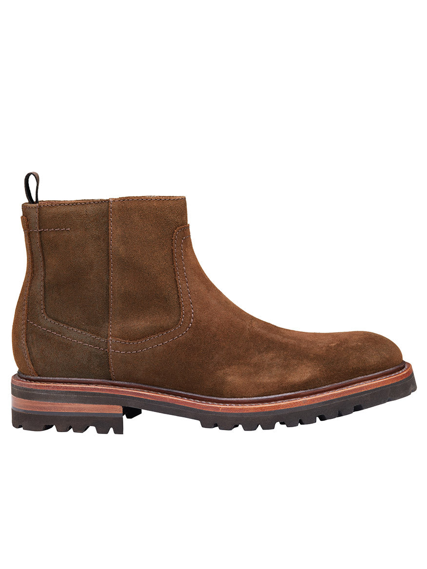 J & M Collection Dudley Zip Boot in Brown Waxed English Suede, featuring a pull tab, side stitching, Goodyear welt construction, and a rugged sole.