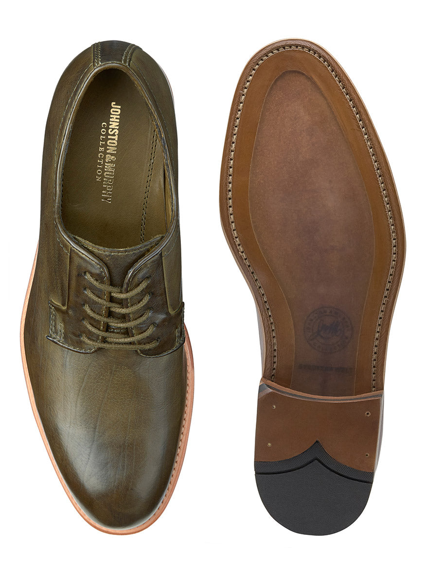 Two views of a brown leather dress shoe from the J & M Collection Dudley Plain Toe in Olive Dip-Dyed Calfskin, showcasing the top and the sole.