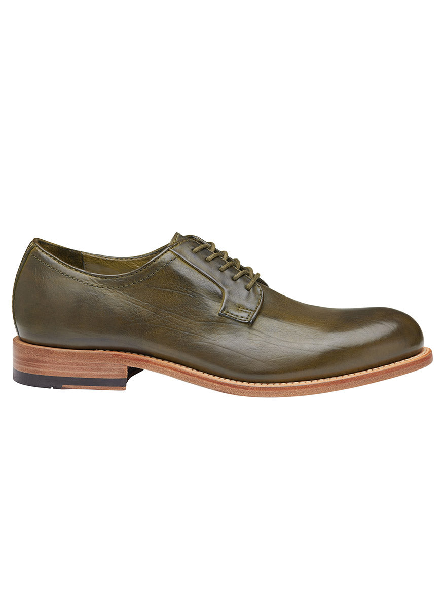 J & M Collection Dudley Plain Toe in Olive Dip-Dyed Calfskin dress shoe with Goodyear welt construction and laces on a white background.