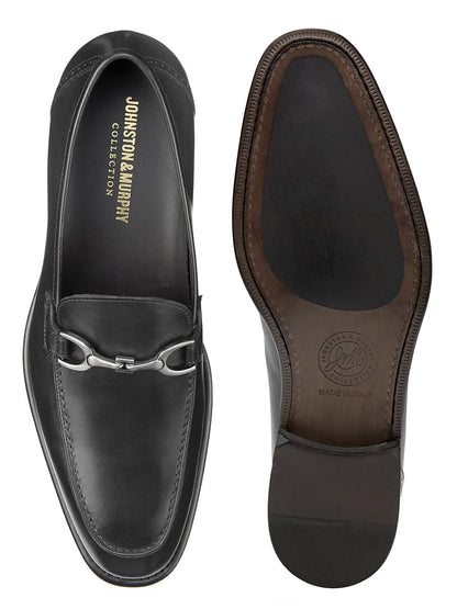 Top and bottom views of a J & M Collection Ellsworth Bit in Black Italian Calfskin men's dress shoe with a silver buckle.
