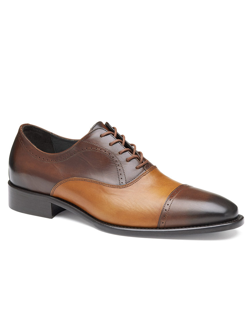 J & M Collection Ellsworth Cap Toe Balmoral in Brown/Tan Italian Calfskin: an oxford shoe with dark brown accents, cap-toe design, black low heel, and a comfy removable footbed.