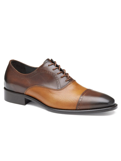 J & M Collection Ellsworth Cap Toe Balmoral in Brown/Tan Italian Calfskin: an oxford shoe with dark brown accents, cap-toe design, black low heel, and a comfy removable footbed.