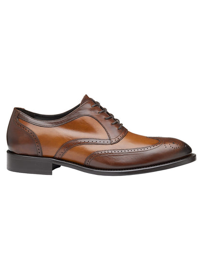 J & M Collection Ellsworth Wingtip in Tan Italian Calfskin on a white background.
