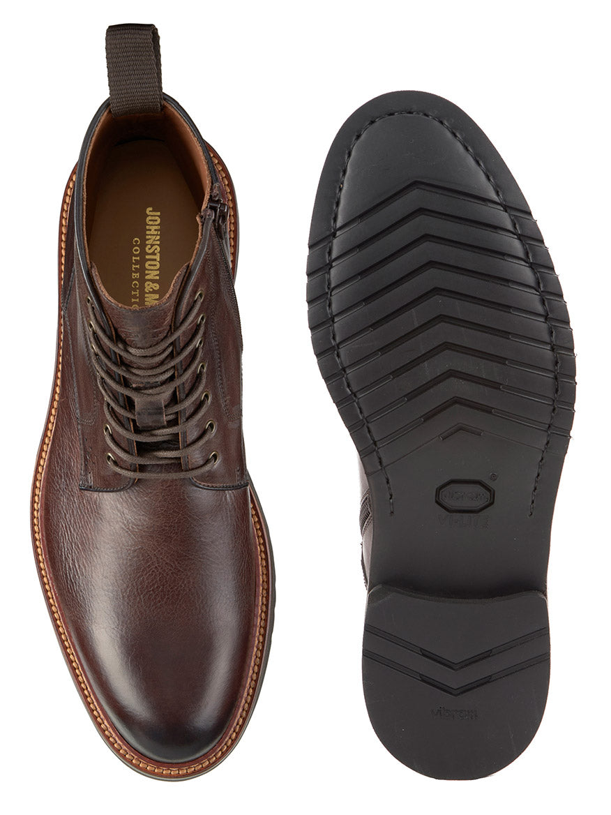 The J & M Collection Hartford Plain Toe Boot in dark brown Italian calfskin is shown from above and below, highlighting its stitched detailing and textured Vibram outsole.