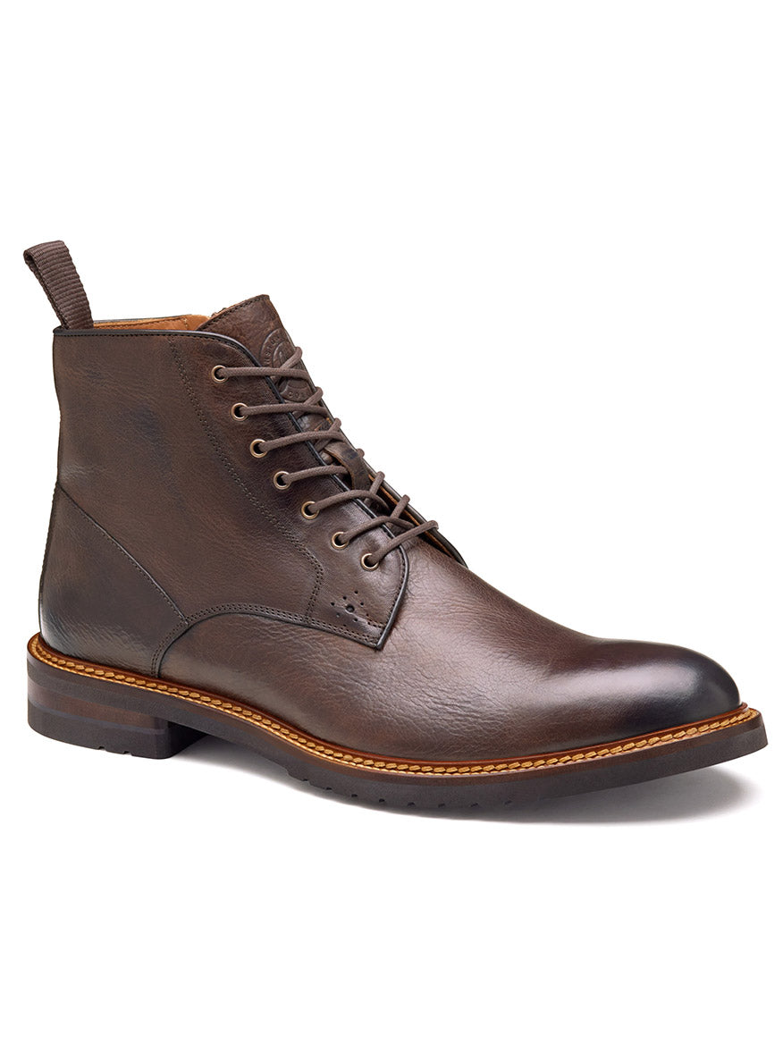 The J & M Collection Hartford Plain Toe Boot in dark brown Italian calfskin is a lace-up ankle boot with a low heel, stitched welt, pull tab, and durable Vibram outsole, displayed on a white background.