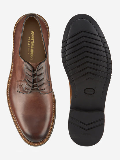J & M Collection Hartford Plain Toe in Tan Italian Calfskin—brown leather dress shoes with visible stitching, one shown from above and one displaying a black Vibram EVA treaded sole.