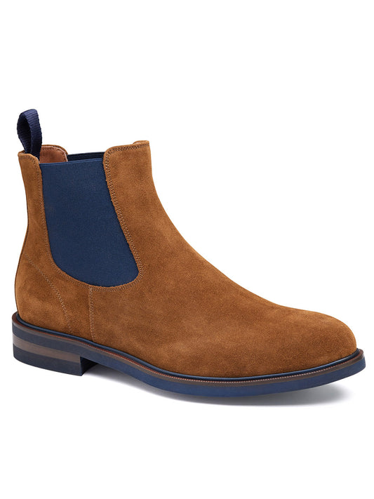 J & M Collection Hartley Chelsea Boot in Snuff Italian Suede featuring a blue elastic side panel, a blue and brown sole, and a leather-covered footbed.