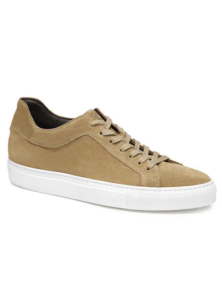 The J & M Collection Jared Lace-To-Toe in Taupe Italian Suede sneaker, featuring leather lining, a cushioned footbed, and white rubber sole and laces, viewed from a side angle.