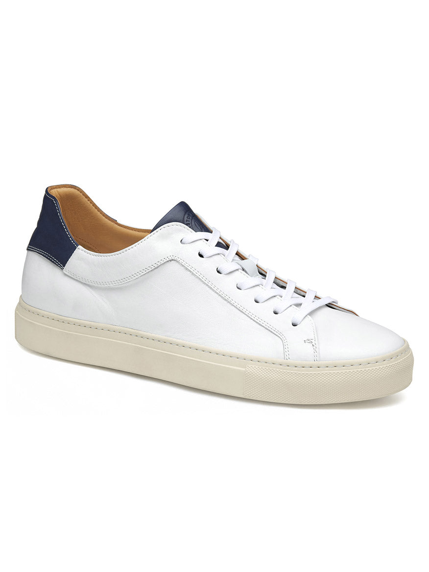 J & M Collection Jared Lace-To-Toe in White Italian Calfskin low-top sneaker with navy blue heel tab, beige rubber outsole, and leather lining.