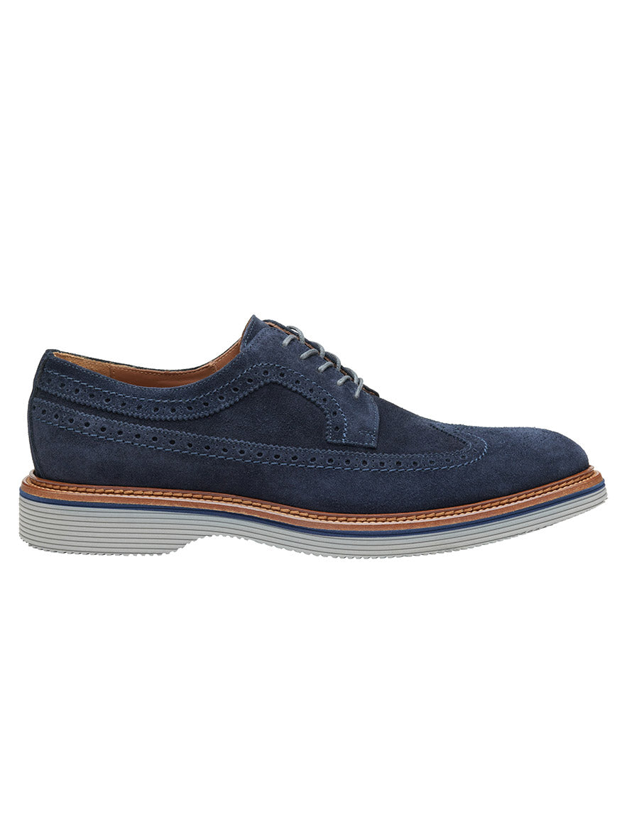 A J & M Collection Jenson Longwing in Navy Suede featuring European suede brogue detailing, an XL EXTRALIGHT® outsole, and a grey rubber sole.