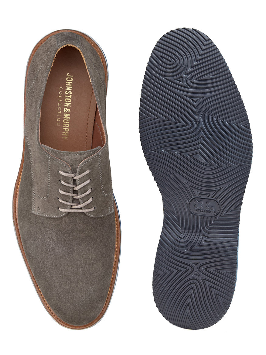 A pair of J & M Collection Jenson Plain Toe shoes in Grey Italian Suede, featuring premium European suede uppers, one captured from the top view showcasing the laces and the other highlighting the textured High Abrasion EVA outsole.