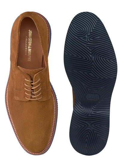 The J & M Collection Jenson Plain Toe in Snuff Suede is showcased from both top and bottom views. On the right side of the image, you can see the top view highlighting the visible laces, while the left side displays the outsole with a wavy tread pattern made from XL EXTRALIGHT® High Abrasion EVA for enhanced durability.