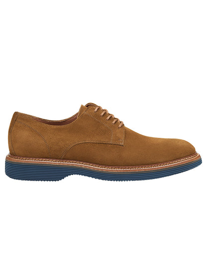 Introducing the J & M Collection Jenson Plain Toe in Snuff Suede: a sophisticated brown European suede dress shoe featuring derby-style lacing, a blue rubber sole, a tan welt stitch, and an XL EXTRALIGHT® High Abrasion EVA outsole for enhanced durability.