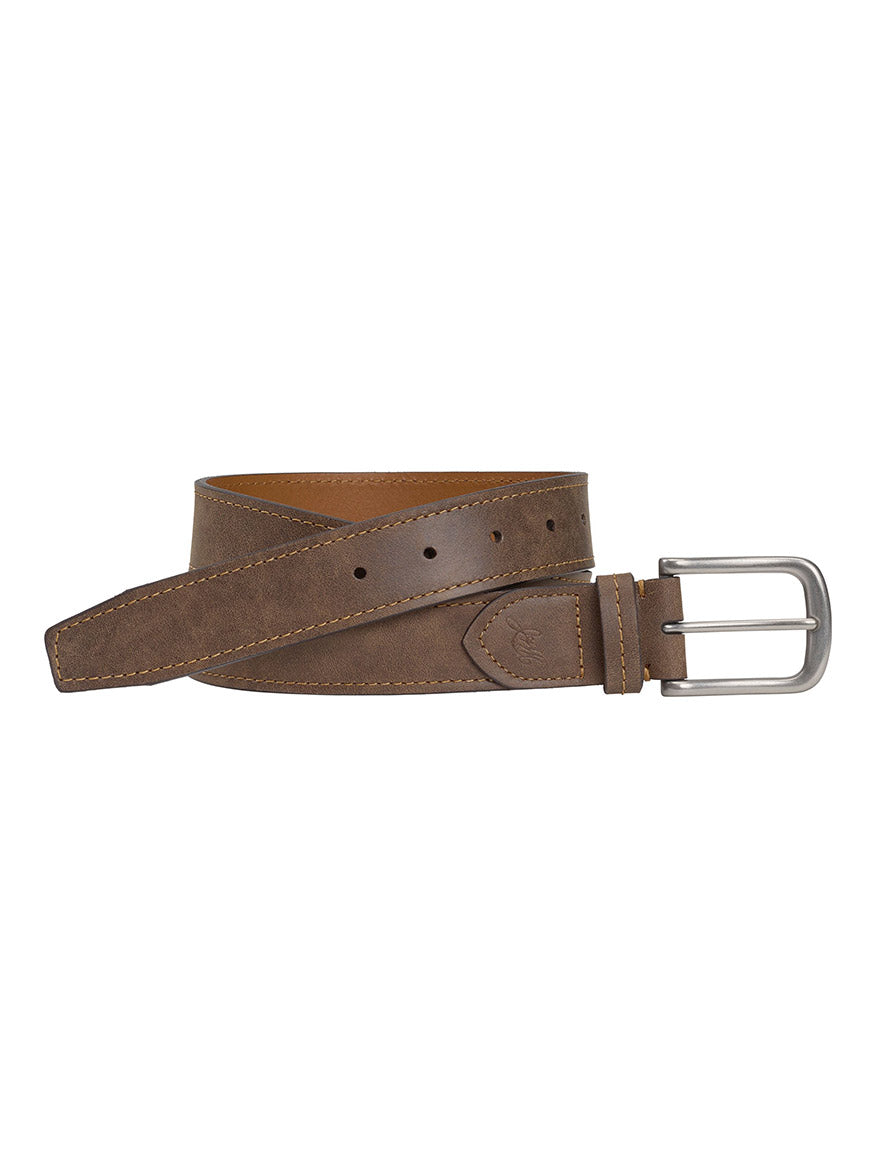 A J & M Collection Knox Belt in Brown Full Grain Leather with a silver buckle, isolated on a white background.