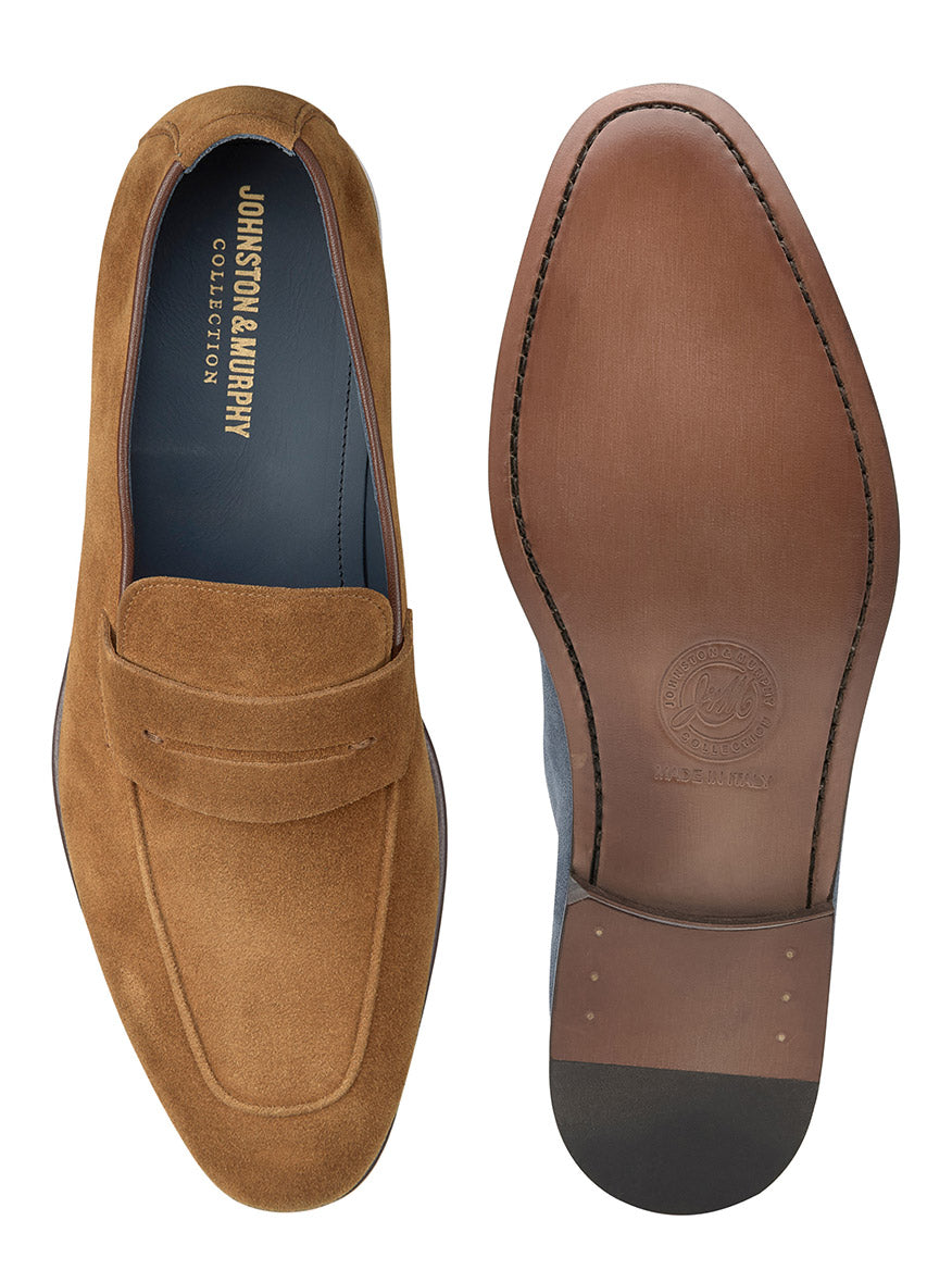 Top-down view of a J & M Collection Taylor Penny in Snuff Italian Suede loafer with the sole facing up beside it, featuring an ultra-flexible construction.