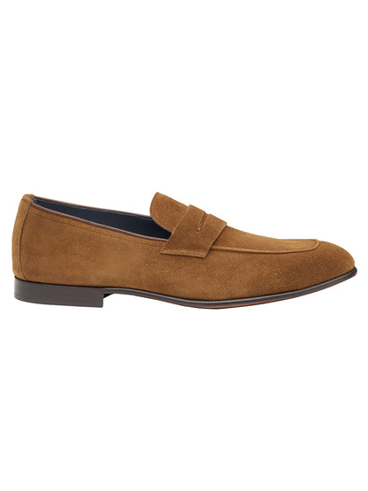 Men's J & M Collection Taylor Penny in Snuff Italian Suede loafer shoe with a cushioned leather-covered footbed against a white background.