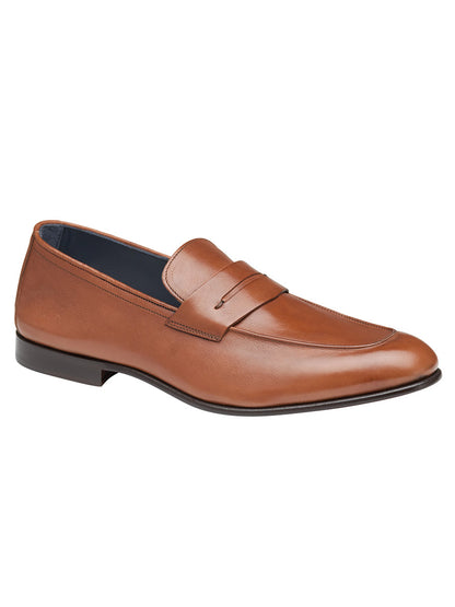 The J & M Collection Taylor Penny in Tan Italian Calfskin men's loafer showcases its ultra flexible construction with a leather outsole and a stylish blue sole.