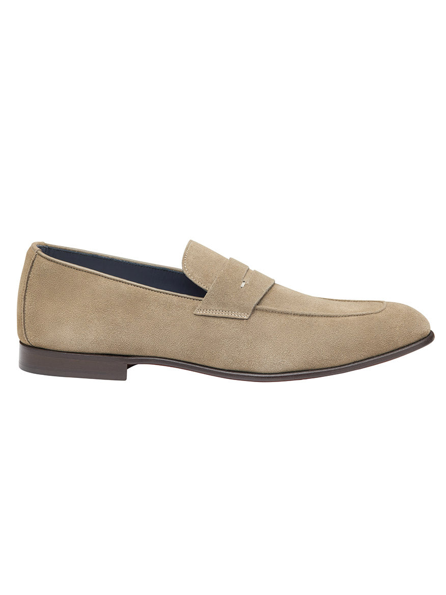 J & M Collection Taylor Penny in Taupe Italian Suede loafer with a metal detail on the vamp and a cushioned footbed.
