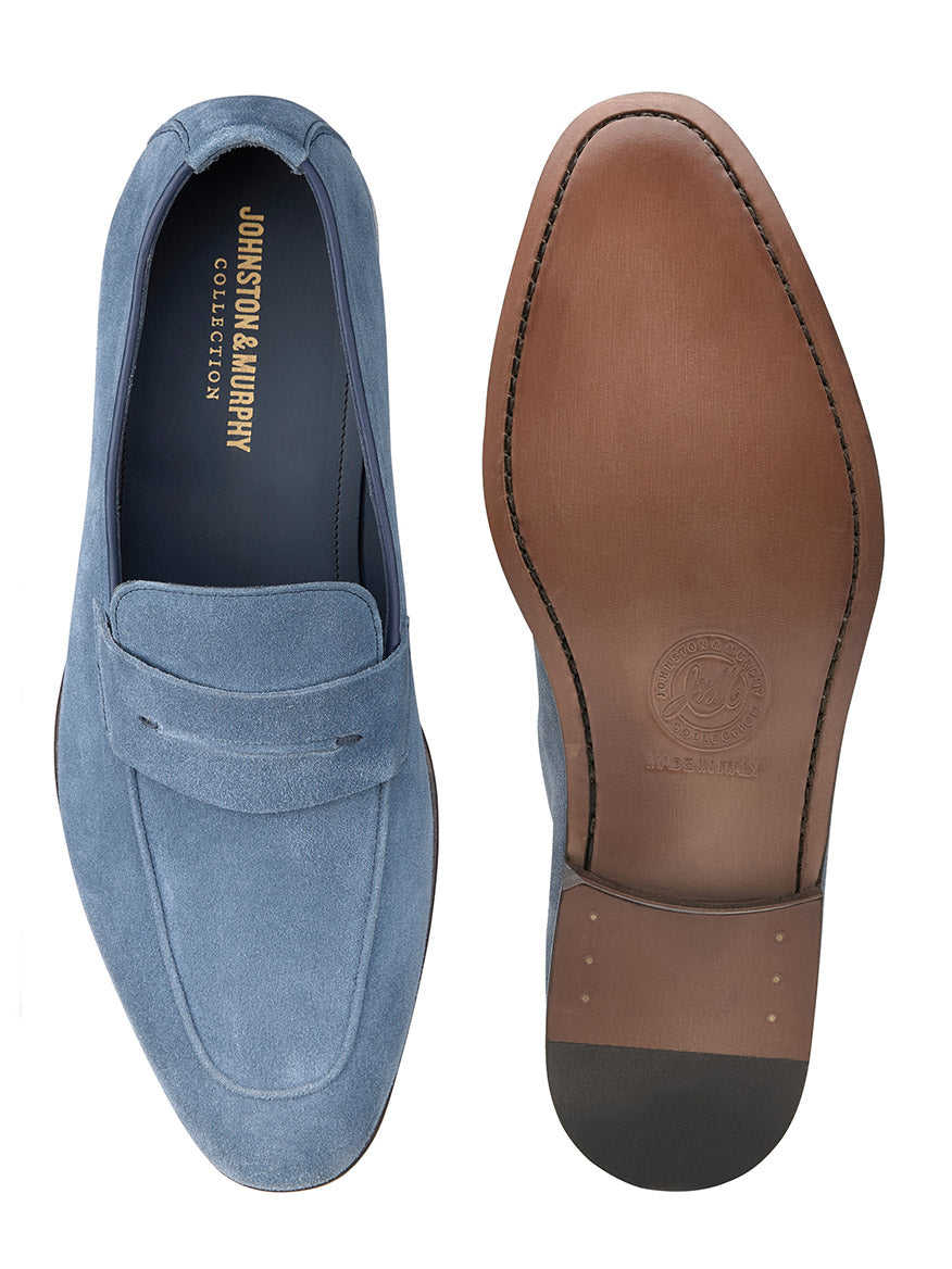 J & M Collection Taylor Penny in Denim Italian Suede loafer displayed next to its leather outsole.