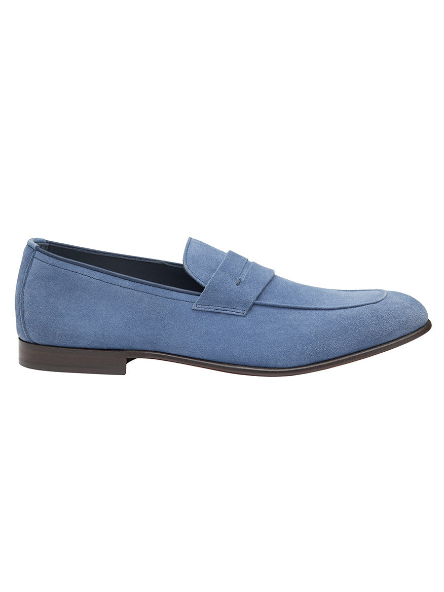 J & M Collection Taylor Penny in Denim Italian Suede loafer from the Johnston & Murphy Collection isolated on a white background, featuring a cushioned footbed.