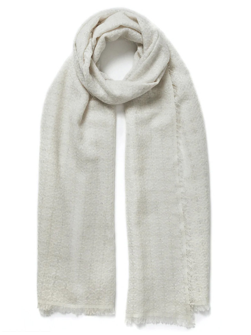 A light-colored, plain Jane Carr The Tile Scarf in White with fringed edges on a white background.