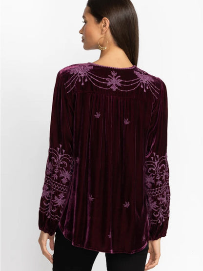 Johnny Was Palmira Curved Hem Prairie Blouse in Eggplant
