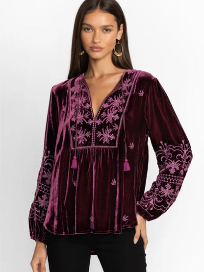 Johnny Was Palmira Curved Hem Prairie Blouse in Eggplant