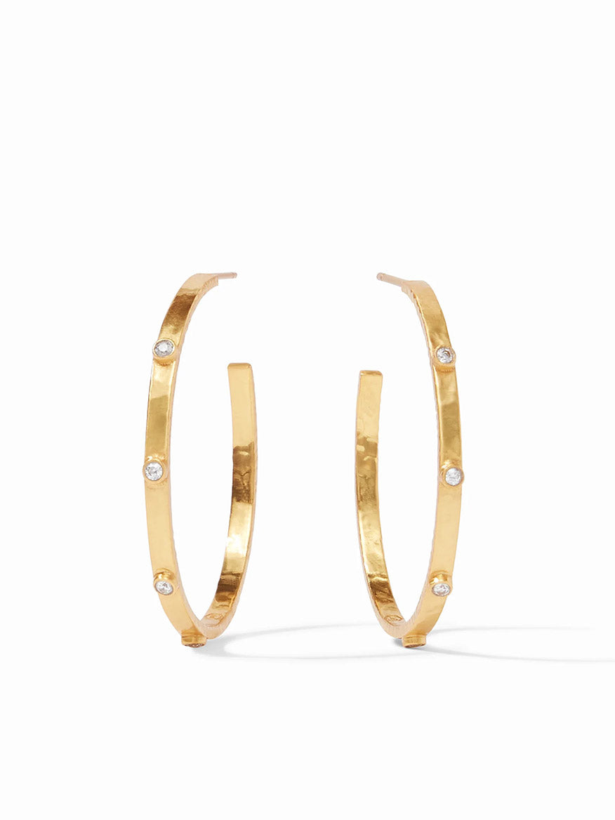 A pair of Julie Vos Crescent Stone Hoop Earrings in Cubic Zirconia - Large Gold, displayed against a white background.