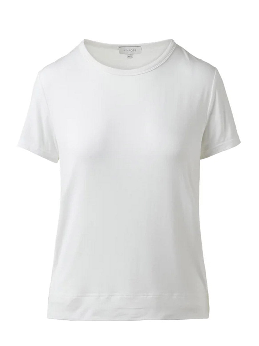 The Kinross Bamboo Short Sleeve Crew in Bianco is a classic white crew neck tee, crafted from soft bamboo viscose with a knit construction, shown on a white background.