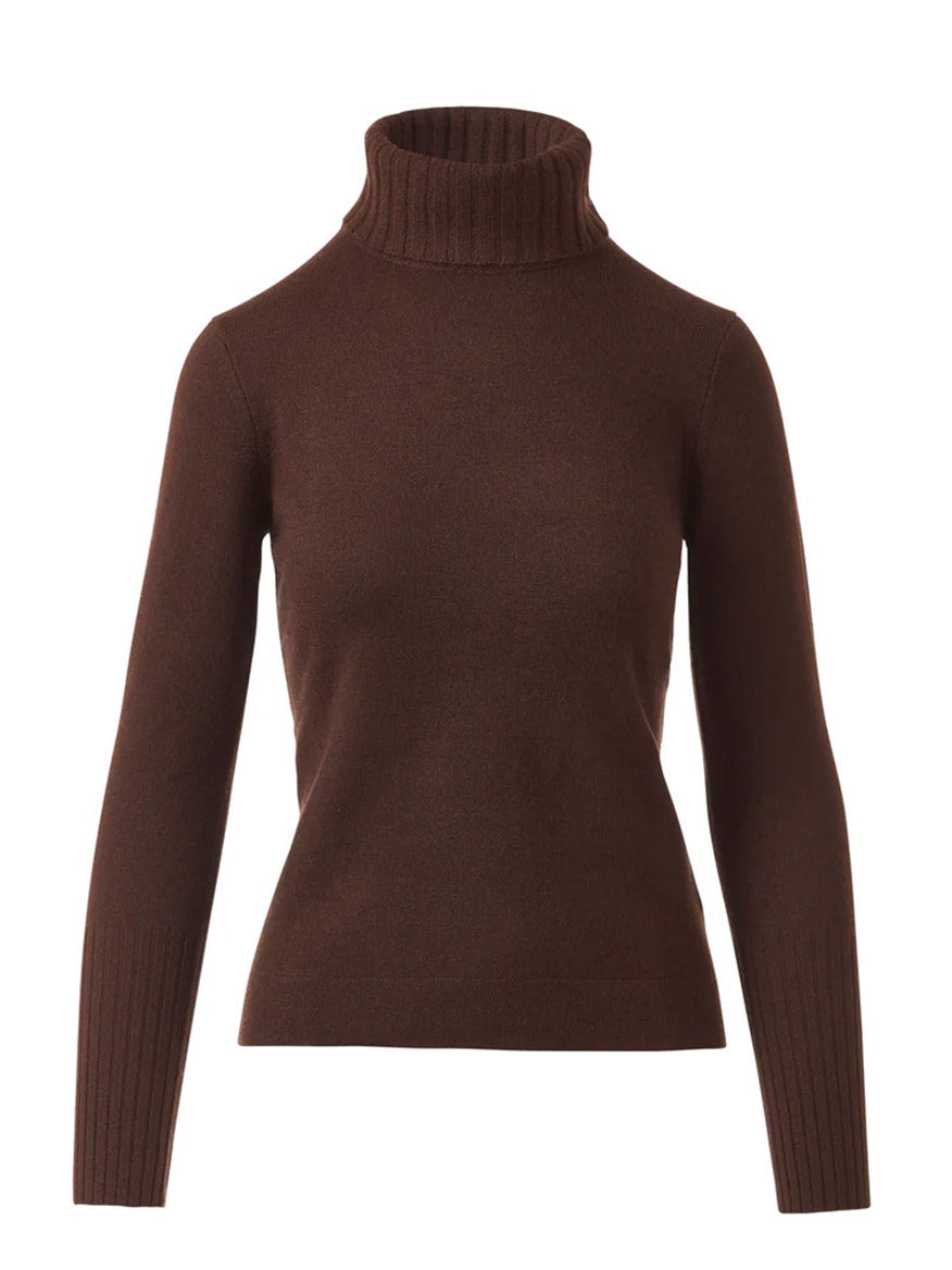 The Kinross Chunky Trim T-Neck in Chocolate is a long-sleeve cashmere sweater with ribbed collar and cuffs, shown against a plain white background.