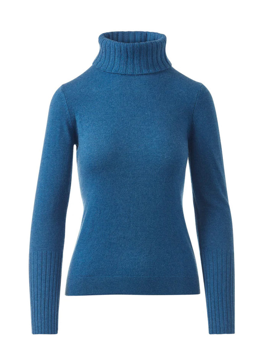 The Kinross Chunky Trim T-Neck in Sapphire, a blue long-sleeve ribbed cashmere sweater, is displayed against a plain white background.
