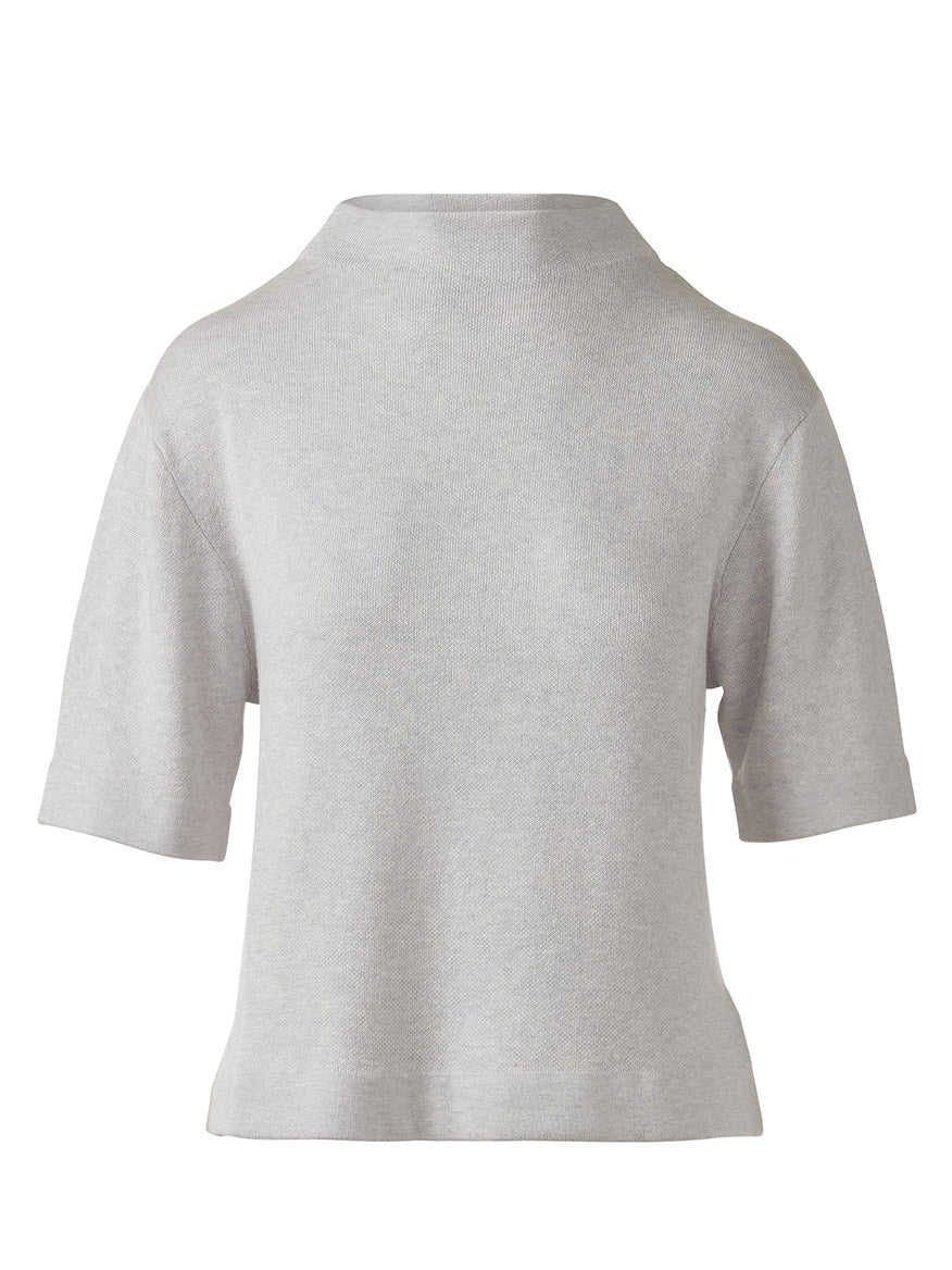 Kinross Easy Low Funnel in Greystone: a light gray short-sleeve knit top with a relaxed fit and high funnel neckline, crafted from a soft cotton-cashmere blend and shown against a white background.