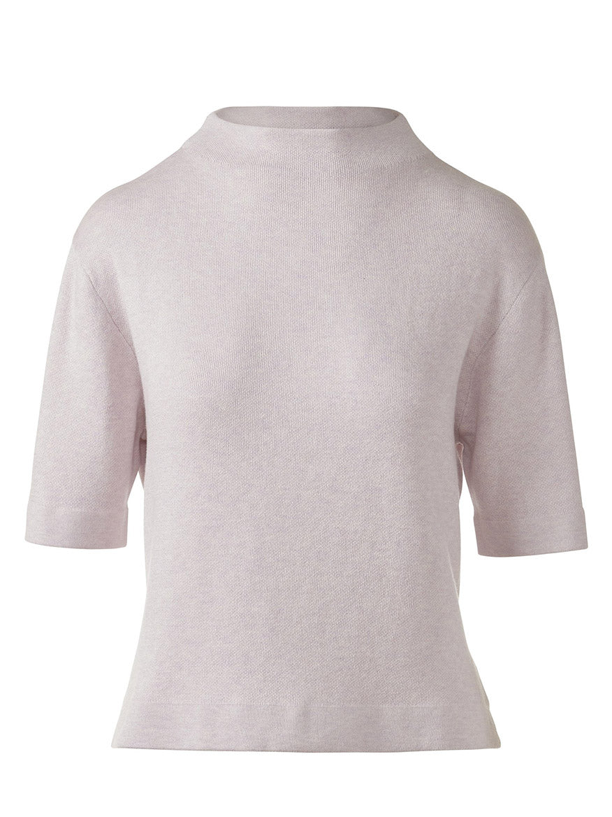 The Kinross Easy Low Funnel in Thistle is a light lavender short-sleeve knit top made from a cotton cashmere blend, featuring a relaxed fit and funnel neckline, shown on a plain white background.