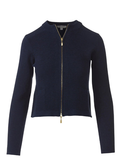 The Kinross Fitted Zip Cardigan in Navy is crafted from SuperSoft Cotton with long sleeves, a gold zipper, two front pockets, and a round neckline—ideal for upgrading your women’s knitwear collection. Shown on a white background.