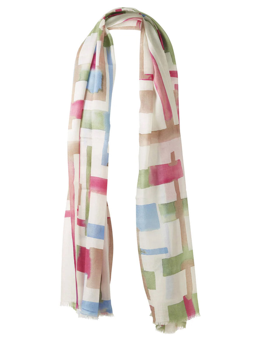 The Kinross Geo Print Scarf in Dahlia Multi is a lightweight scarf with a white base, featuring a geometric print of abstract rectangles in pink, blue, green, and beige tones.