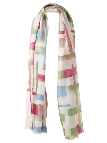 The Kinross Geo Print Scarf in Dahlia Multi is a lightweight scarf with a white base, featuring a geometric print of abstract rectangles in pink, blue, green, and beige tones.