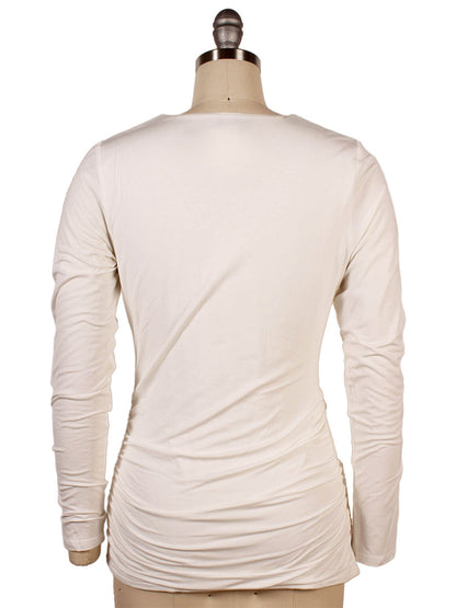 Back view of the Kinross Ruched Long Sleeve Vee in Bianco, displayed on a dress form.