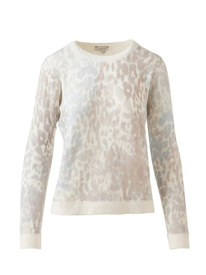 The Kinross Leopard Print Sweatshirt in Multi features a light beige and white leopard pattern on soft cotton-cashmere, shown against a white background.