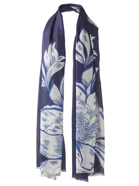 The Kinross Oversized Blooms Print Scarf in Navy Multi features large white floral prints and is displayed hanging with both ends draped straight down.