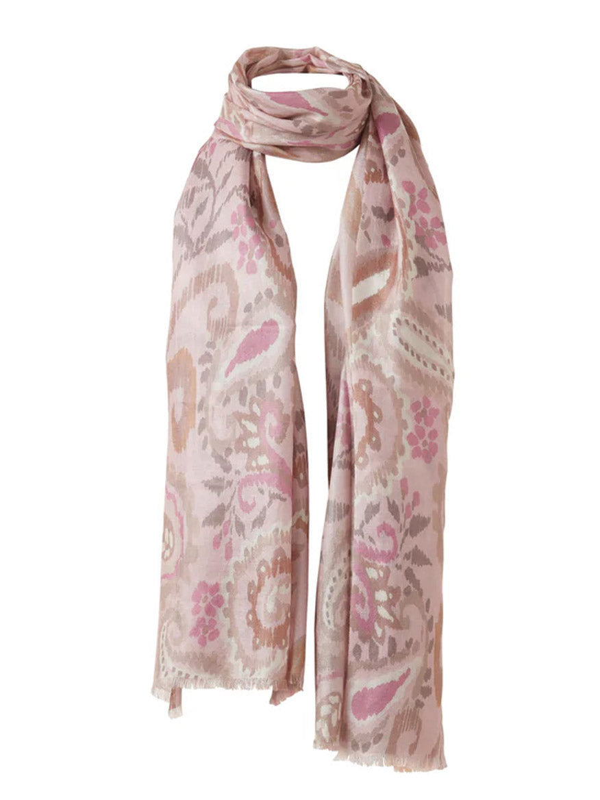 The Kinross Painted Paisley Print Scarf in Oat Multi is a lightweight, rectangular scarf with pink and beige paisley patterns, crafted from a luxurious silk-cashmere blend and designed to drape elegantly with both ends hanging down.