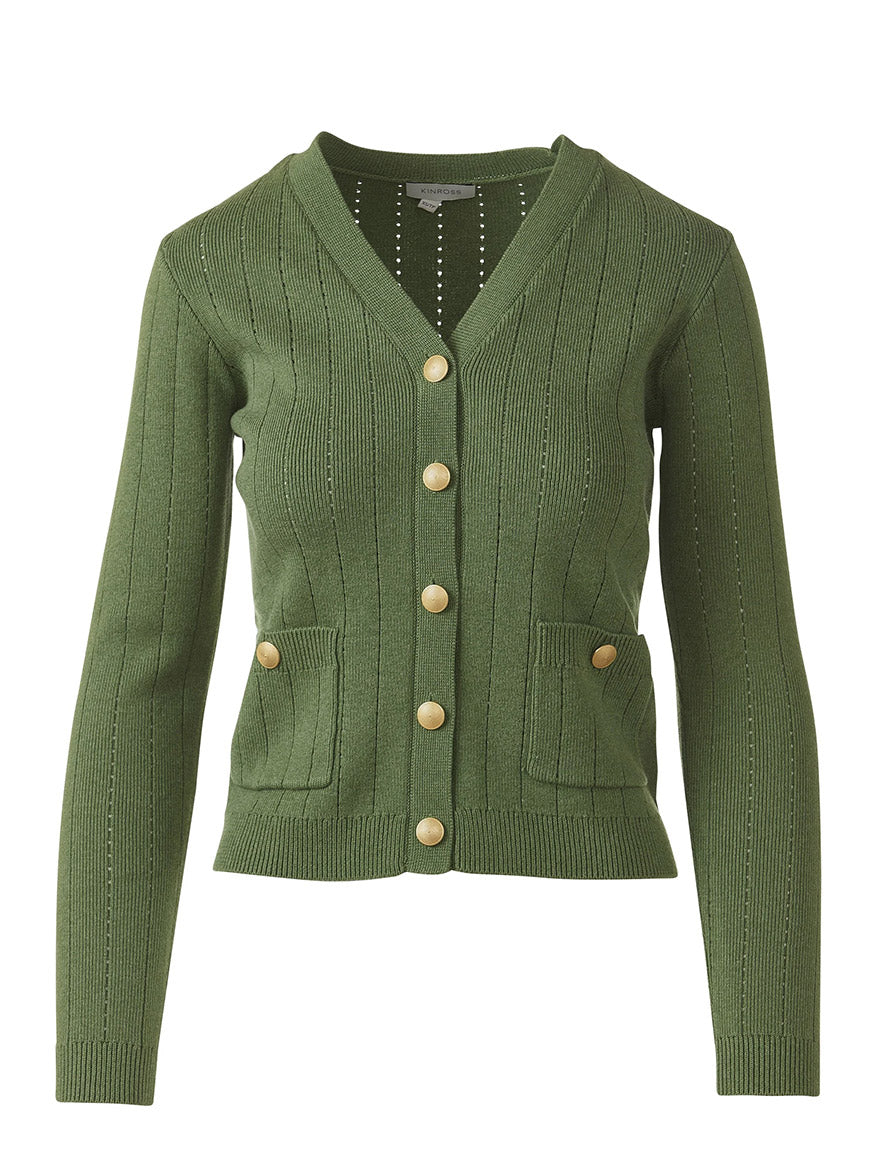 The Kinross Rib Button Front Vee in Vine is a green, supersoft cotton ribbed-knit cardigan with long sleeves, gold buttons, two front pockets, and a rib button front vee closure.