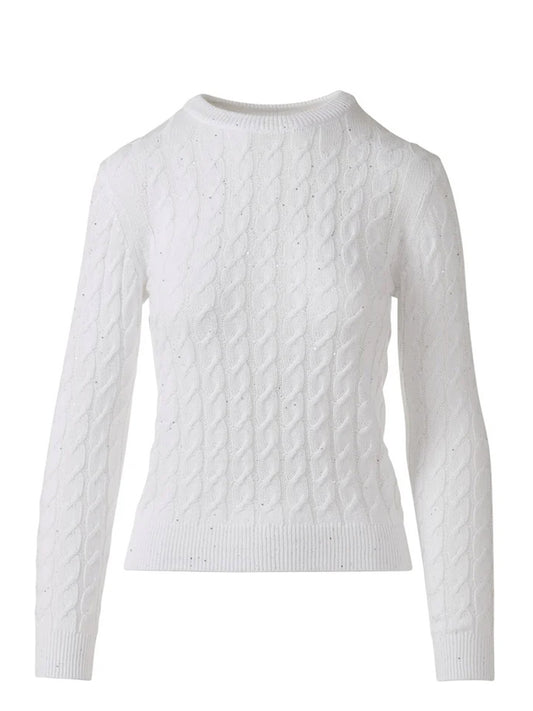 The Kinross Featherweight Sequin Cable Crew in White is a long-sleeve cable-knit sweater with a crew neckline, ribbed cuffs and hem, crafted for comfort.