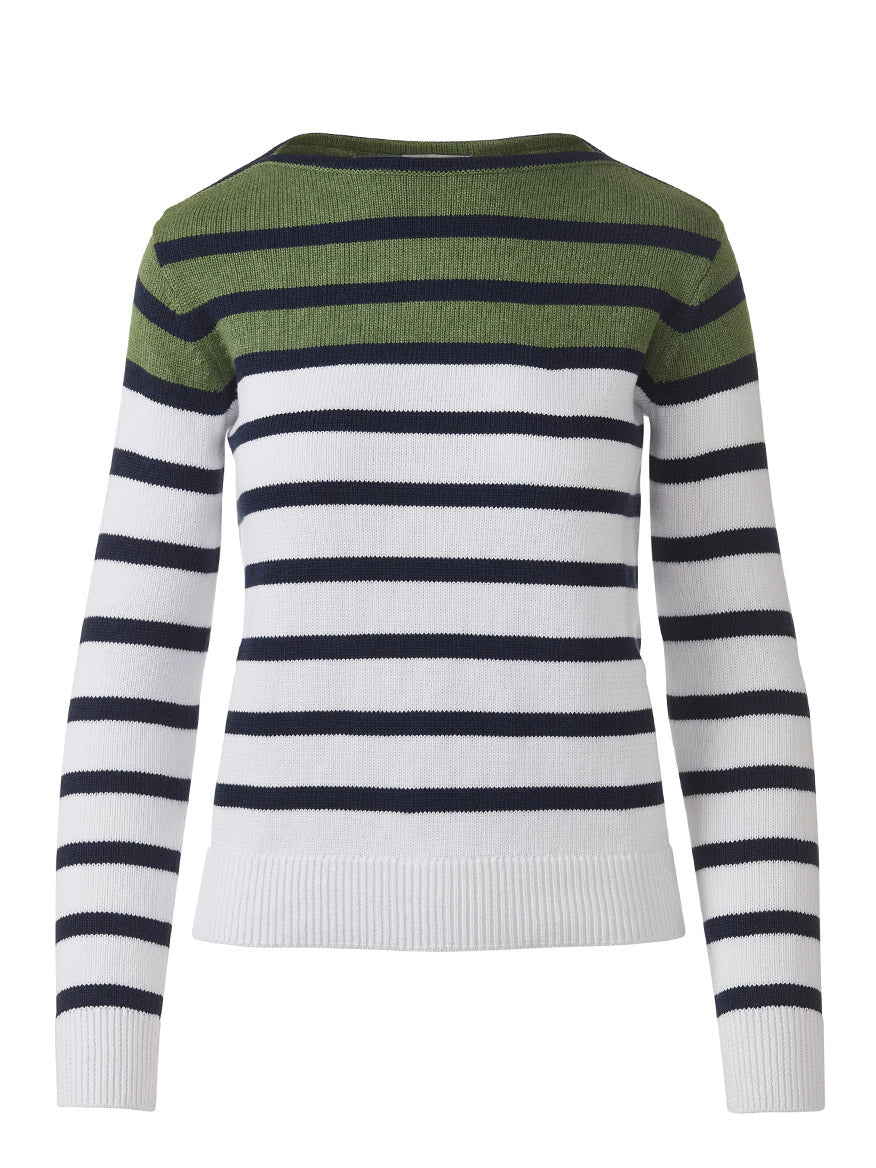 The Kinross Striped Boatneck in Navy Multi is a long-sleeve pullover featuring horizontal black and white stripes with a green stripe across the upper chest, crafted from SuperSoft Cotton in a stylish boatneck design.