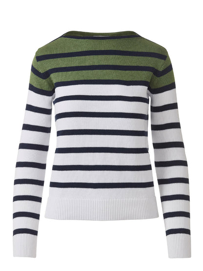 The Kinross Striped Boatneck in Navy Multi is a long-sleeve pullover featuring horizontal black and white stripes with a green stripe across the upper chest, crafted from SuperSoft Cotton in a stylish boatneck design.
