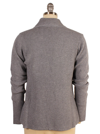 Rear view of the Kinross Thermal Notch Collar Cardigan in Granite displayed on a mannequin. This gray knit thermal Cotton/Cashmere blend cardigan features a 1-button notch collar, long sleeves, and a folded collar, with a detailed center back length that enhances its elegant design.