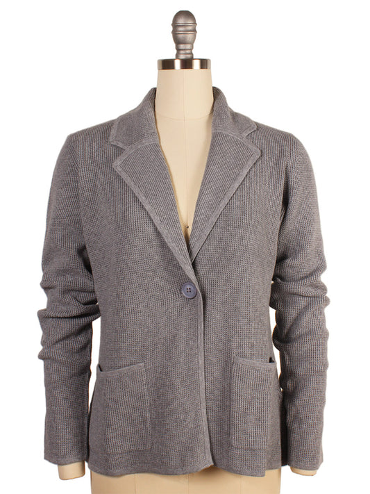 The Kinross Thermal Notch Collar Cardigan in Granite is displayed on a dress form. This stylish gray knit blazer features a 1-button notch collar design and two front pockets, crafted from a thermal Cotton/Cashmere blend for extra comfort and warmth.