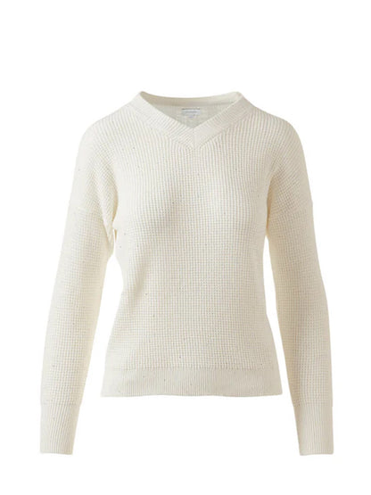 The Kinross Thermal Sequin Vee in Cream is a premium cotton, off-white long-sleeve knit sweater shown on a plain white background.